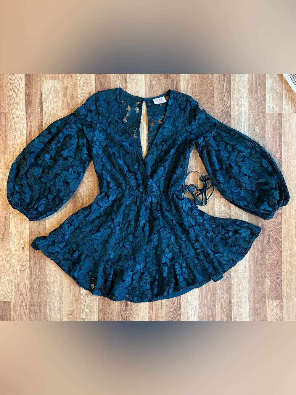 Showpo Teal Lace Mini Dress with Balloon Sleeves from Australia